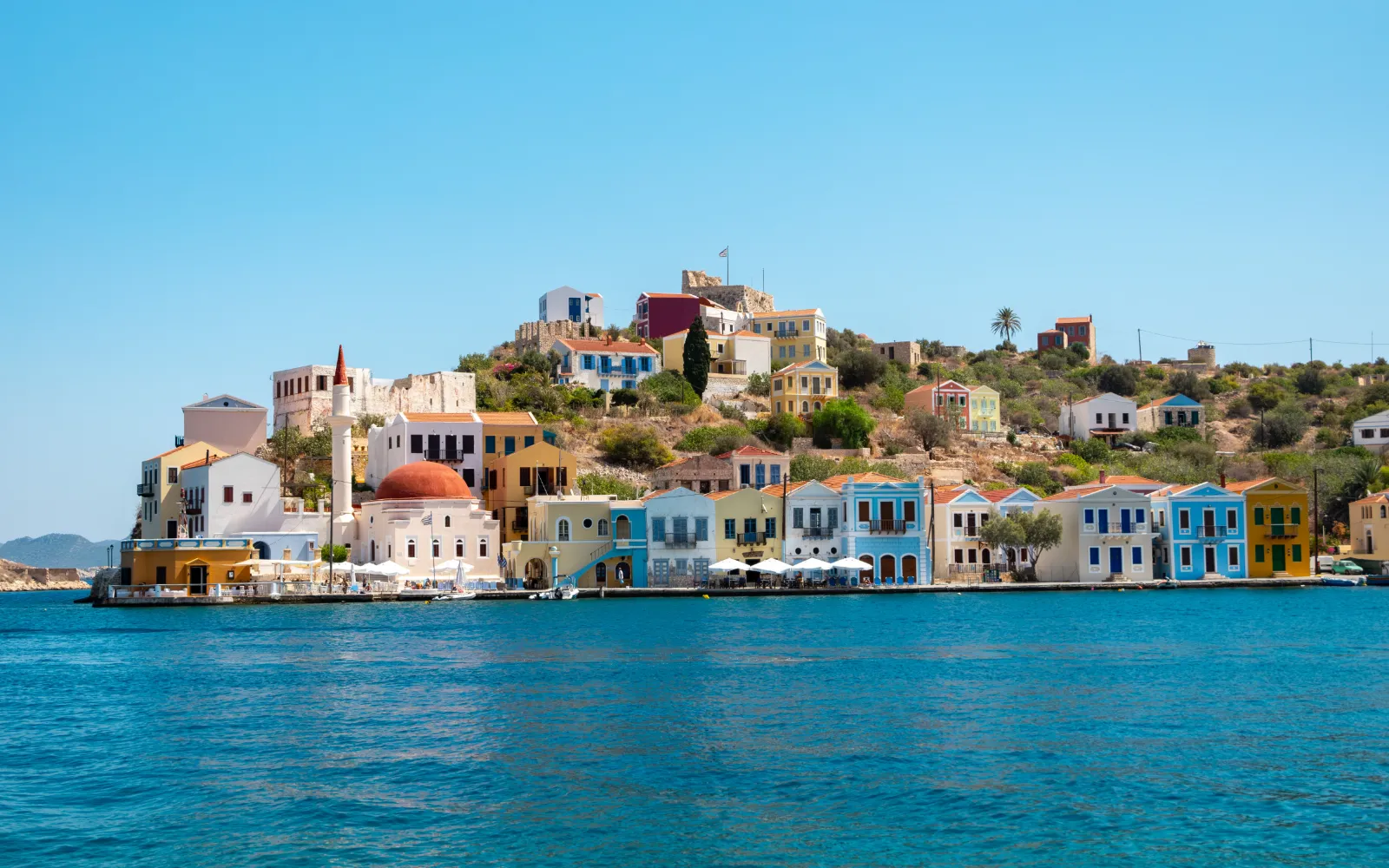 Pastel-coloured harbourfront houses on Meis (Kastellorizo) island, seen from the water
